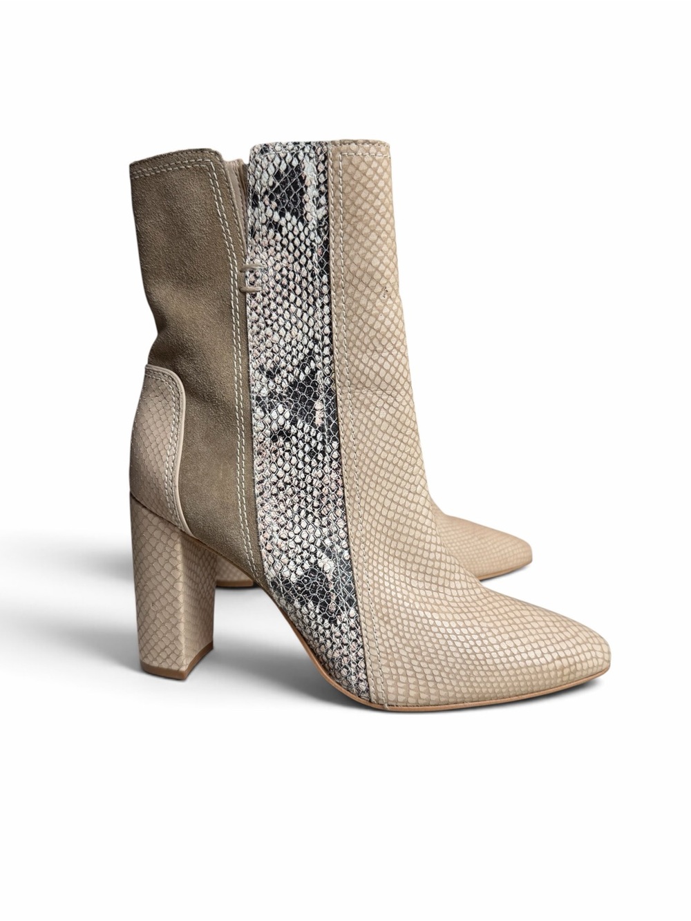 Matisse Beige and Taupe Suede Snake-Panel Block Heel Booties
